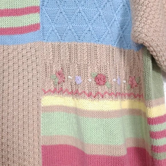Koret Vintage Patchwork Knit Blouse – Cottagecore Grandmacore Top – Pink & Cream - Picture 7 of 13